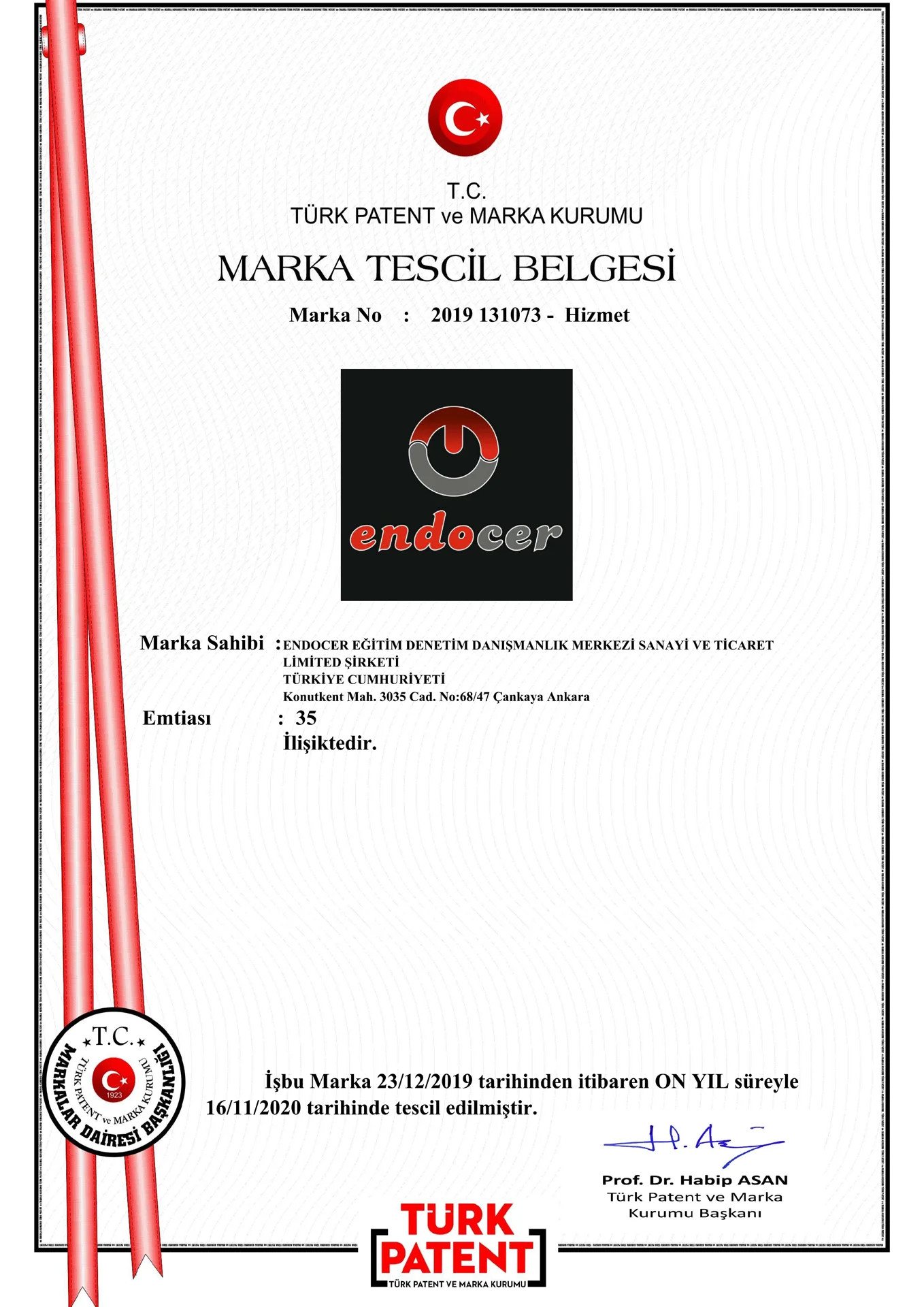 Hakkımızda 10 Endocer Marka Tescil Belgesi C